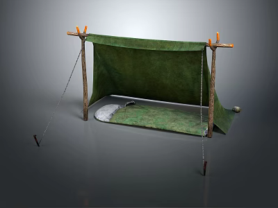 Traditional Camping Tent With Green Canopy Wooden Poles Ropes And Ground Mat 3d model