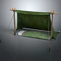 Traditional Camping Tent With Green Canopy Wooden Poles Ropes And Ground Mat