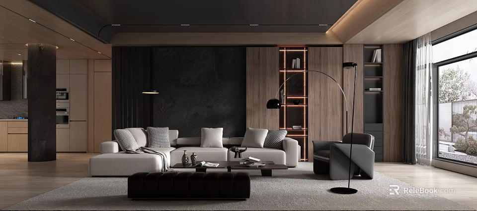 Modern Living Room Design Featuring Gray Sofa Multiple Cushions Dark Coffee Table Black Floor Lamp 3d model