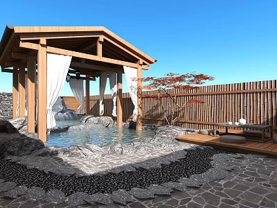 Serene Courtyard Garden With Wooden Pavilion Pool Stone Paving And Fence 3d model