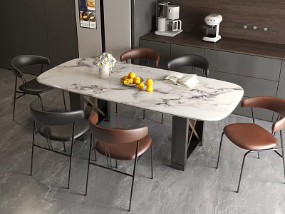 Modern Dining Table Set With Oval Marble Top And Black Brown Chairs In Kitchen 3d model