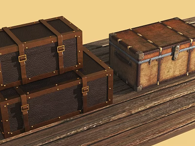 Vintage Brown Wooden Boxes Stacked and Placed on Rustic Wooden Floor 3d model