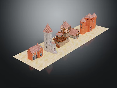 Cartoon Castle Scene With Colorful Red And Gray Buildings And Pointed Roofs 3d model
