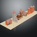 Cartoon Castle Scene With Colorful Red And Gray Buildings And Pointed Roofs