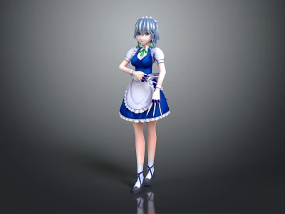 Game And Movie Character With Blue Gray Hair Wearing Blue White Maid Outfit Holding Mop 3d model
