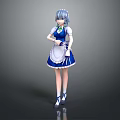 Game And Movie Character With Blue Gray Hair Wearing Blue White Maid Outfit Holding Mop