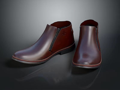 Brown Leather Ankle Boots With Side Zip Design For Daily Wear 3d model