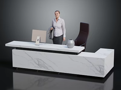 Modern Office Reception Furniture White Marble Desk With Dark Chair And Decorative Sphere 3d model