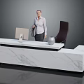 Modern Office Reception Furniture White Marble Desk With Dark Chair And Decorative Sphere