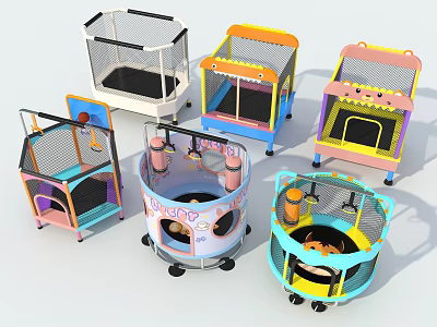 Colorful Kids Playground Equipment With Enclosed Trampoline Netted Basketball Hoop And Various Types 3d model