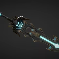 Mythical Glowing Blue Sword With Skull Horns And Gemstone Decorations