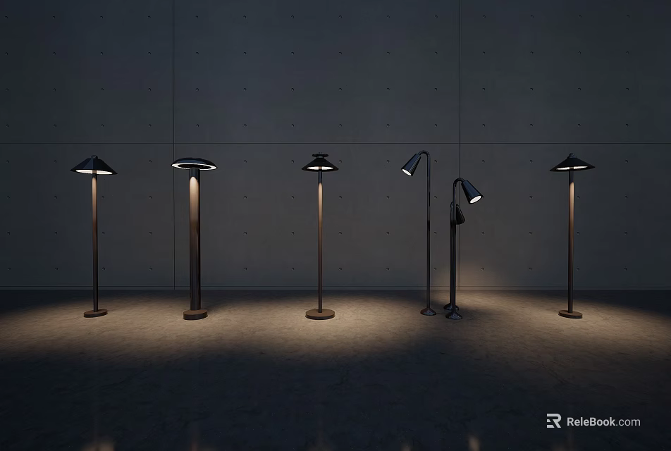 Modern Floor Lamps With Various Designs Metal Stands And Illuminated Shades Against Minimalist Wall 3d model 