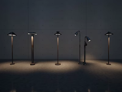Modern Floor Lamps With Various Designs Metal Stands And Illuminated Shades Against Minimalist Wall 3d model