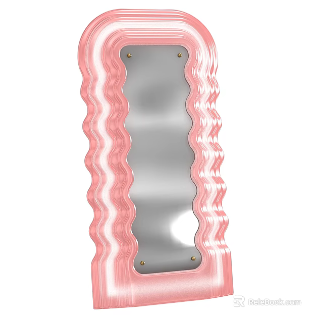Pink Decorative Wall Mirror With Wavy Frame And Metal Accents 3d model 