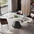 Elegant Modern Dining Table Set With Marble Top And Brown Leather Chairs