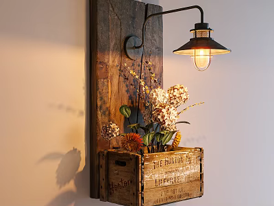 Rustic Wall Lamp With Glowing Bulb On Wooden Plank And Flower Crate 3d model