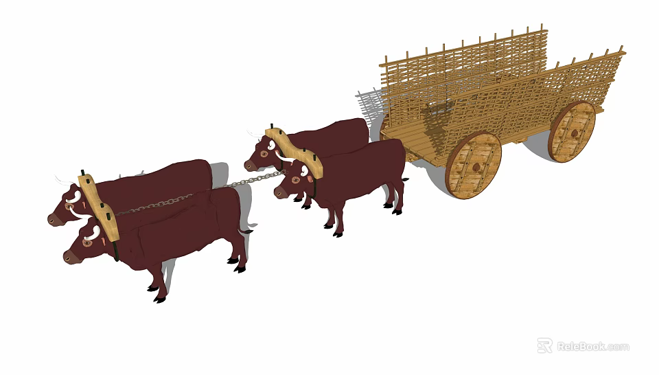 Oxen Pulling Traditional Cart With Woven Structure And Wooden Wheels Design 3d model 