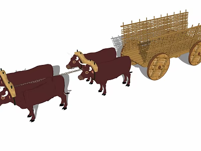 Oxen Pulling Traditional Cart With Woven Structure And Wooden Wheels Design 3d model