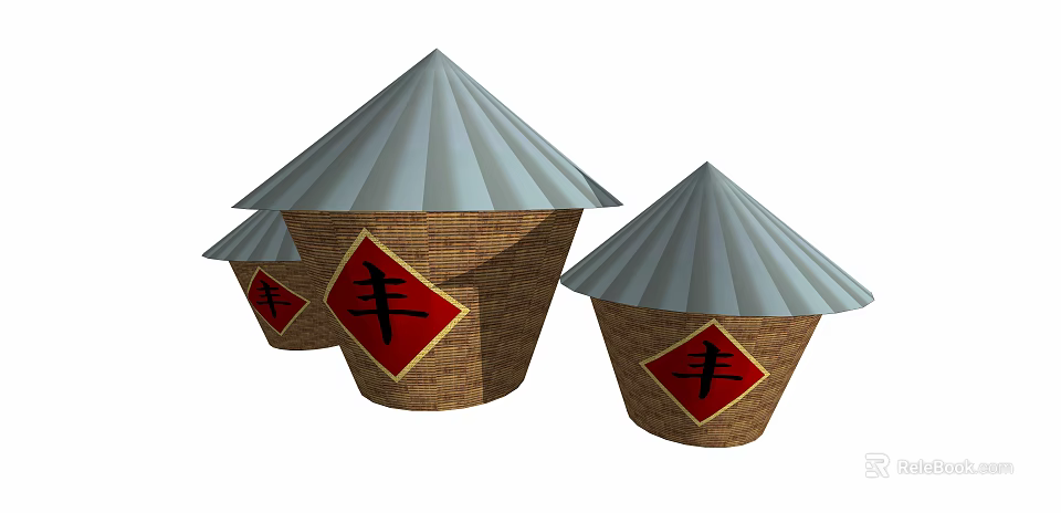 Traditional Wicker Containers With Conical Lids And Chinese Feng Character For Abundance 3d model 