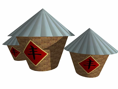 Traditional Wicker Containers With Conical Lids And Chinese Feng Character For Abundance 3d model