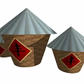 Traditional Wicker Containers With Conical Lids And Chinese Feng Character For Abundance