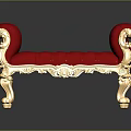Ornate Red Upholstered Sofa Bench With Gold Carved Armrests And Decorative Legs Design