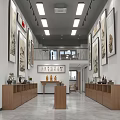 Traditional Chinese Painting Gallery With Wooden Display Shelf And Wall Artworks