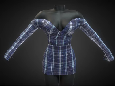 Blue And White Plaid Off The Shoulder Long Sleeve V Neck Short Fitted Waist Dress 3d model