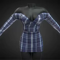 Blue And White Plaid Off The Shoulder Long Sleeve V Neck Short Fitted Waist Dress