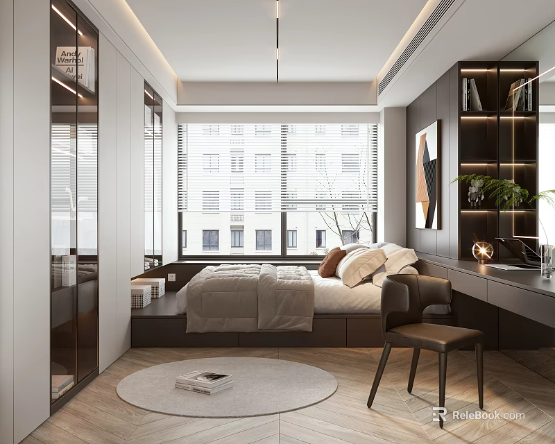 Modern Tatami Bedroom Interior Design With Built In Storage Desk And Round Area Rug 3d model 