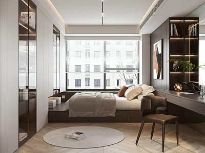 Modern Tatami Bedroom Interior Design With Built In Storage Desk And Round Area Rug 3d model