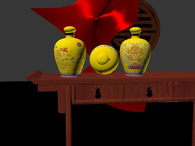 Traditional Yellow Ceramic Vessels with Intricate Patterns on Wooden Table and Red Decor 3d model