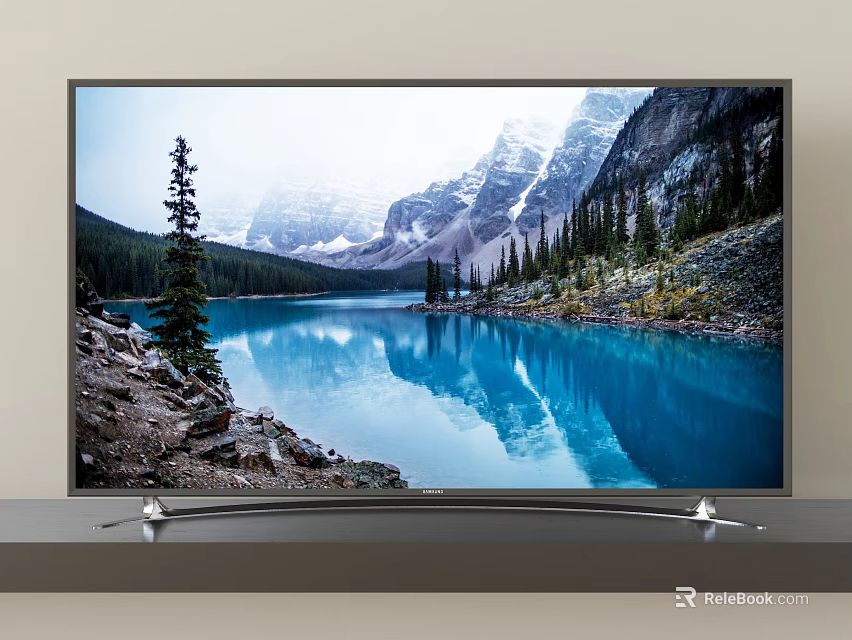 Modern Television Showing Scenic Blue Lake Snowy Mountains Pine Trees and Rocky Shore 3d model 
