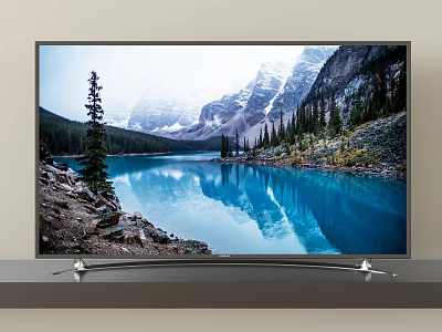 Modern Television Showing Scenic Blue Lake Snowy Mountains Pine Trees and Rocky Shore 3d model