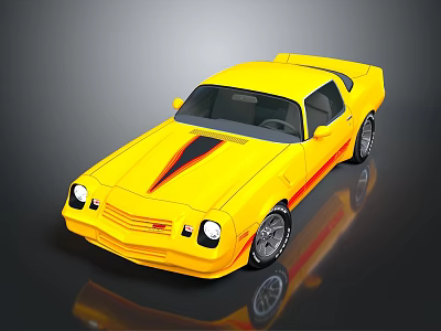 Classic Yellow Two Door Muscle Car With Black Red Stripes And Retro Design 3d model