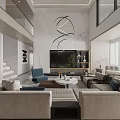 Duplex Living Room Modern Design With High Ceiling Circular Chandelier Sofa Set And Large Windows