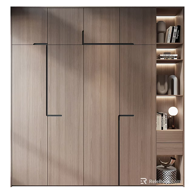 Modern Light Wooden Wardrobe Design With Black Metal Handles And Side Storage Shelves 3d model 