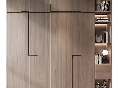 Modern Light Wooden Wardrobe Design With Black Metal Handles And Side Storage Shelves 3d model