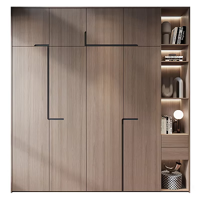 Modern Light Wooden Wardrobe Design With Black Metal Handles And Side Storage Shelves 3d model