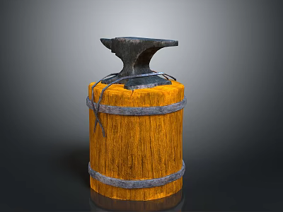 Vintage Anvil Placed On Rustic Wooden Barrel With Metal Hoops 3d model