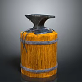 Vintage Anvil Placed On Rustic Wooden Barrel With Metal Hoops