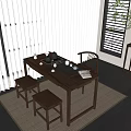 Chinese Style Serene Tea Room With Wooden Tea Table Teapot And Green Plants View