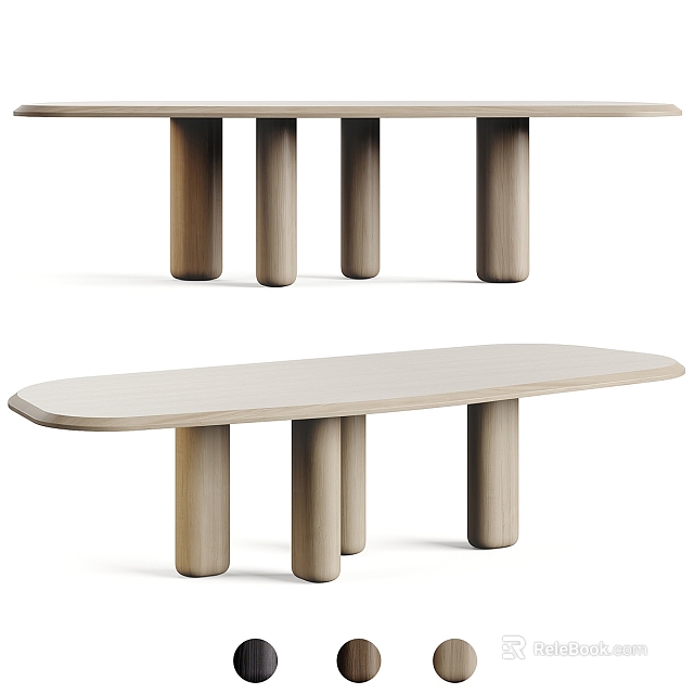 Modern Minimalist Dining Table With Light Colored Top And Wooden Cylindrical Legs 3d model 