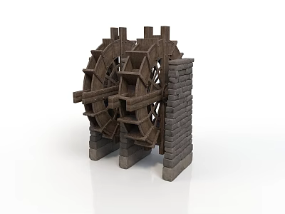 Antique Wooden Waterwheel Structure With Brick Stone Wall And Base Support 3d model