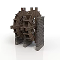 Antique Wooden Waterwheel Structure With Brick Stone Wall And Base Support