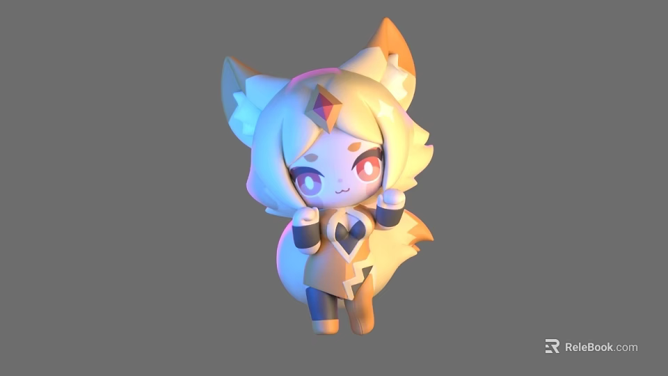 Cute Fox Ear Doll With Golden Hair Blue Ears Purple Eyes And Star Decoration 3d model 