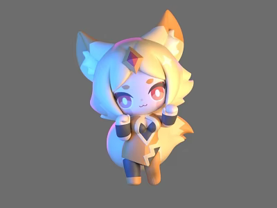 Cute Fox Ear Doll With Golden Hair Blue Ears Purple Eyes And Star Decoration 3d model