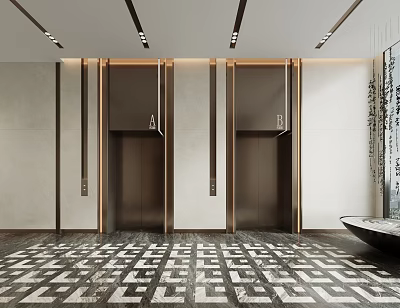 Modern Hotel Elevator Lobby With Recessed Lighting Geometric Marble Floor And Metal Doors 3d model