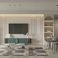 Elegant Modern Living Dining Room With Green Marble Wall Light Gray Sofa And Geometric Rug
