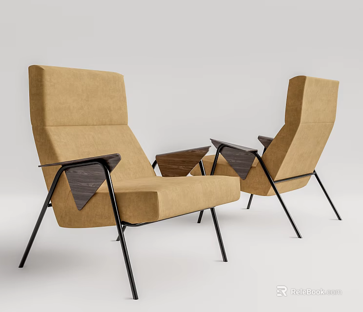 Modern Beige Accent Chairs With Wooden Armrests And Black Metal Legs 3d model 